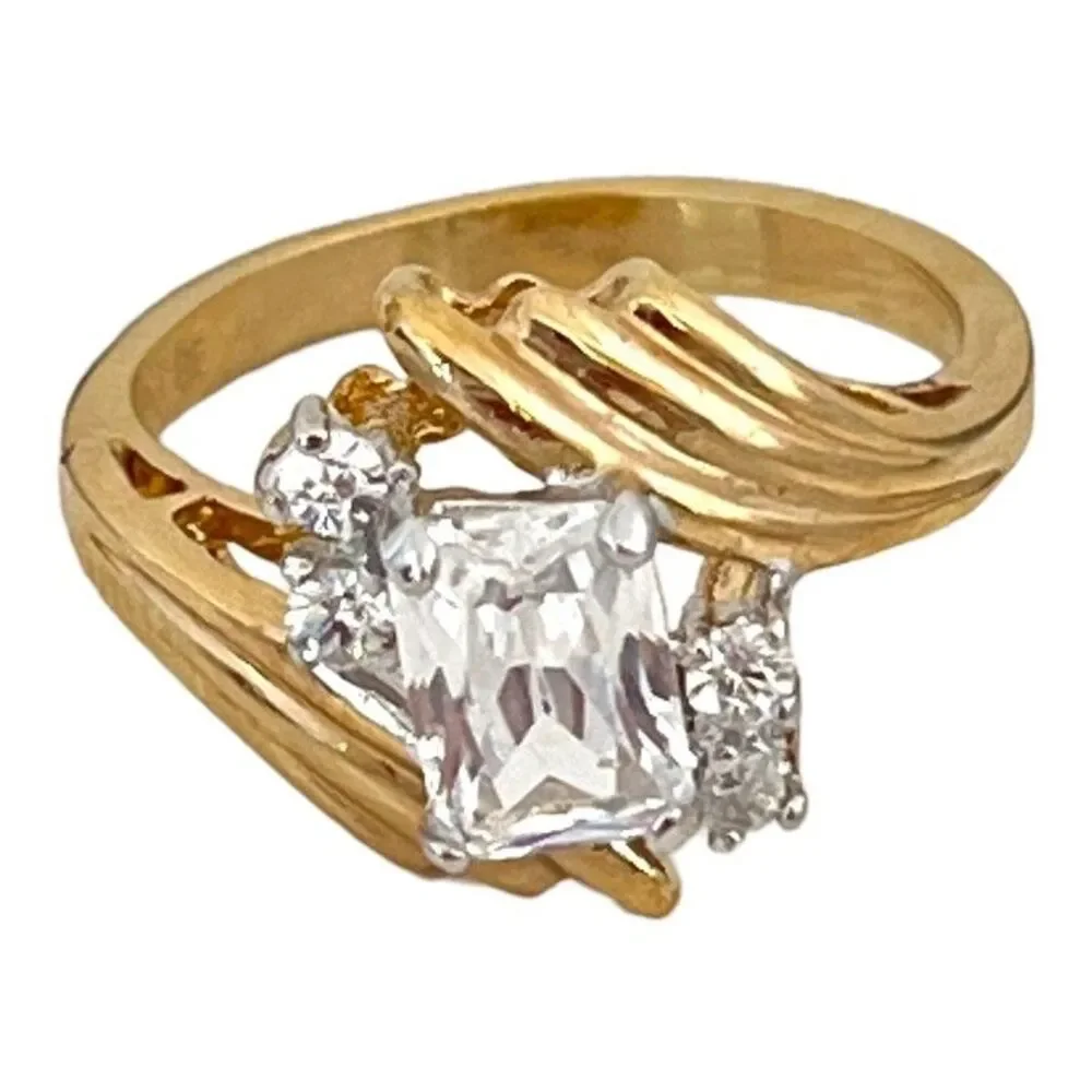 Vintage 1970s Ring Size 7 CZ Emerald Cut Solitaire Bypass Gold Plated - 14R